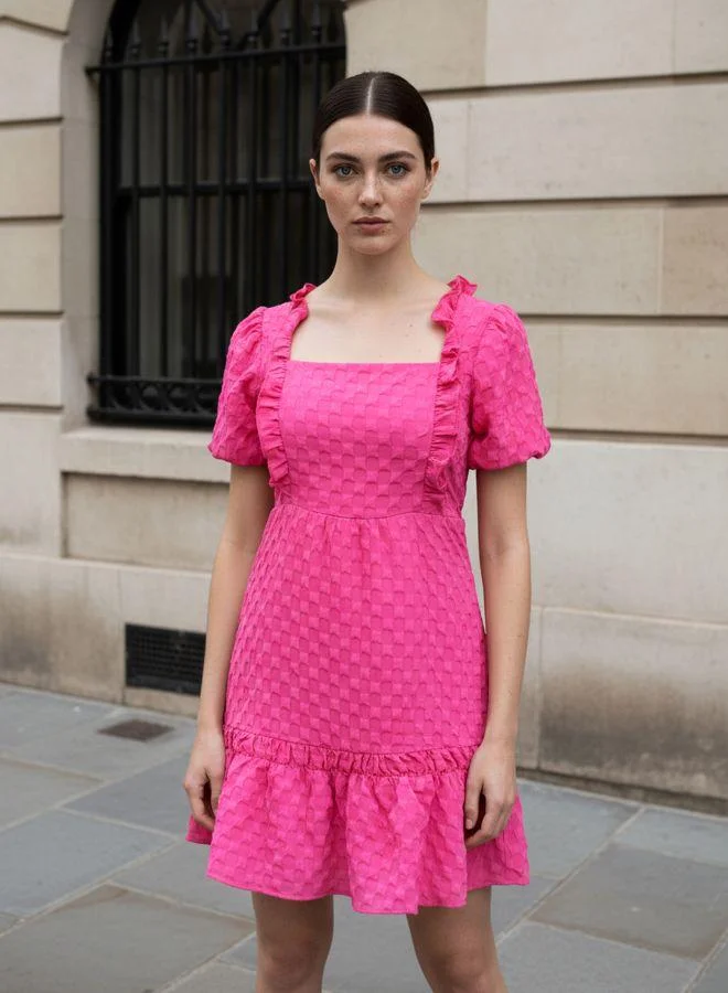 مرفوعة Women Fit and Flared Textured Square Neck Half Sleeves Ruffle Dress